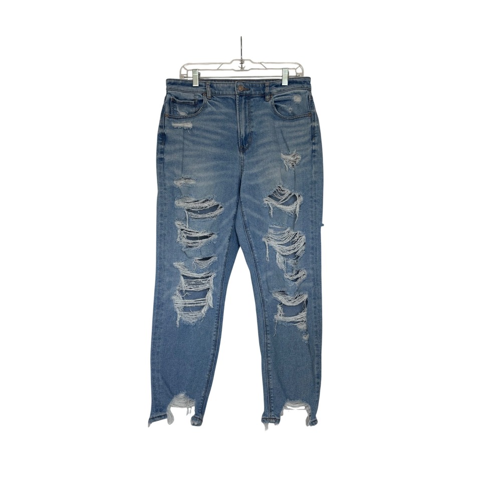 American Eagle Mom Jeans 12 Extra Distressed High Rise Light Wash Stepped Hem